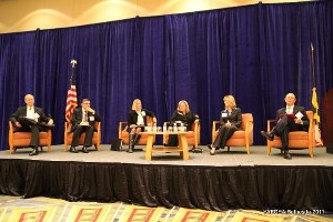 Addressing attendees at the chapter's January panel on cloud computing are (l-r) Bill Turnbull, associate chief information officer (CIO) for advanced technology and systems integration, Department of Energy; Alfred Rivera, director, Computing Services Directorate, Defense Information Systems Agency; Dawn Leaf, senior adviser, Information Technology Laboratory, and senior executive for cloud computing, National Institute of Standards and Technology; Margie Graves, deputy CIO, Department of Homeland Security; Cindy Cassil, director of systems integration, Office of the CIO, Department of State; and the moderator Dave McClure, associate administrator for citizen services and innovative technologies, General Services Administration.